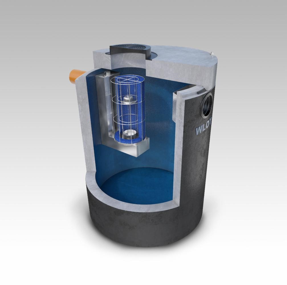 Przekrój zbiornika WLOT z niebieskim filtrem wewnątrz, ukazujący jego konstrukcję i zastosowane technologie. Widoczne detale konstrukcyjne i elementy systemu filtracji.