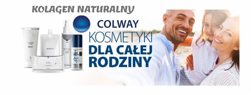 Zestaw kosmetyków Colway z napisem 'Kolagen Naturalny' i hasłem 'Kosmetyki dla całej rodziny' na rozmytym tle uśmiechniętej rodziny.