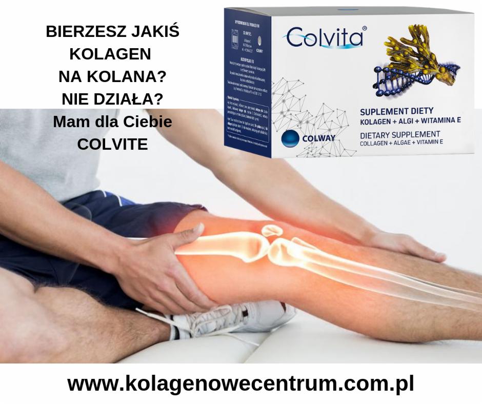 Grafika reklamowa suplementu diety Colvita z kolagenem, algami i witaminą E, przedstawiająca mężczyznę z bólem kolana i wizualizacją kości kolanowych.
