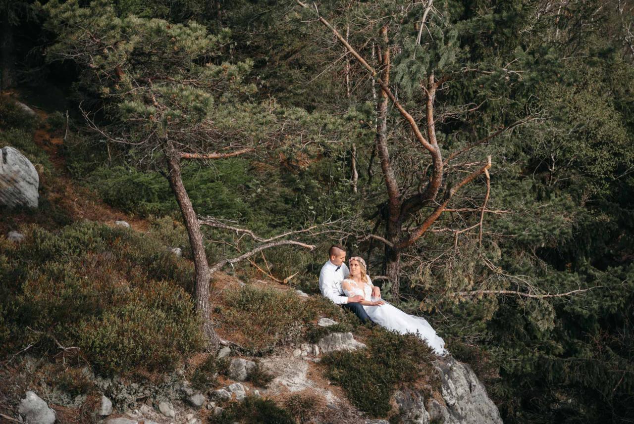 Para młoda siedzi na skalistym wzgórzu porośniętym zielenią, w tle las iglasty, panna młoda w koronkowej sukni i wianku, pan młody w białej koszuli i muszce.
