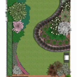 Plan ogrodu z tarasem z góry. Widoczne rośliny, trawnik, meble ogrodowe i ścieżki. Projekt uwzględnia zróżnicowaną roślinność i strefy relaksu.