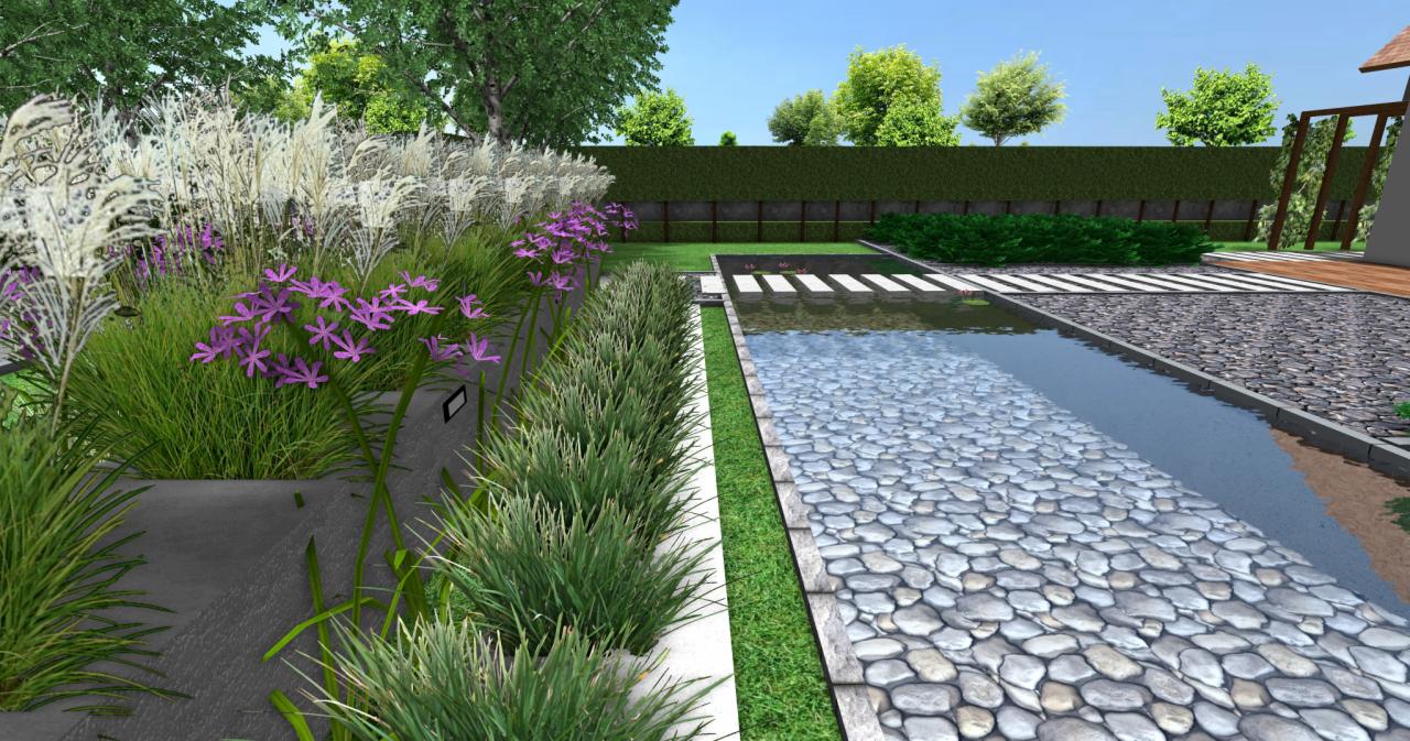 Projekt ogrodu z oczkiem wodnym i ścieżką z kamieni. Rabaty z ozdobnymi trawami i fioletowymi kwiatami. Nowoczesne podejście do aranżacji przestrzeni.