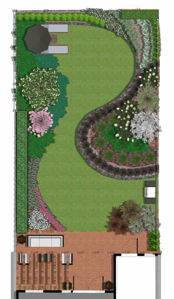 Plan ogrodu z tarasem z góry. Widoczne rośliny, trawnik, meble ogrodowe i ścieżki. Projekt uwzględnia zróżnicowaną roślinność i strefy relaksu.