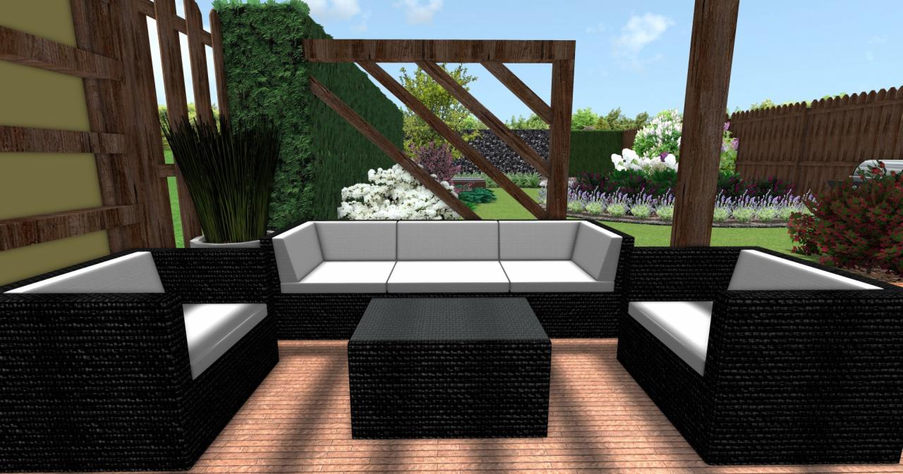 Wizualizacja tarasu z rattanowymi meblami ogrodowymi w kolorze czarnym i jasnymi poduszkami. W tle roślinność ogrodowa i drewniana konstrukcja.