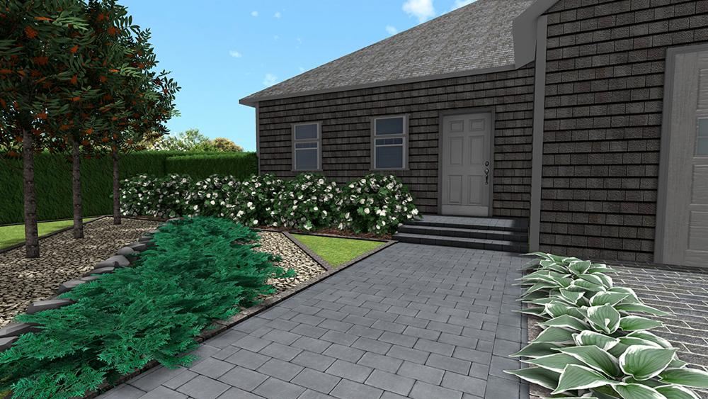 Wizualizacja ogrodu z brukowanym chodnikiem, żywopłotem i rabatami kwiatowymi, prowadzącego do wejścia domu z szarej cegły. Widoczny trawnik i drzewa.