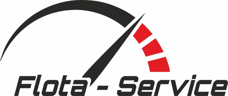 Logo firmy Flota-Service z motywem prędkościomierza w kolorach czarnym i czerwonym, na białym tle. Nazwa firmy w dolnej części obrazu.