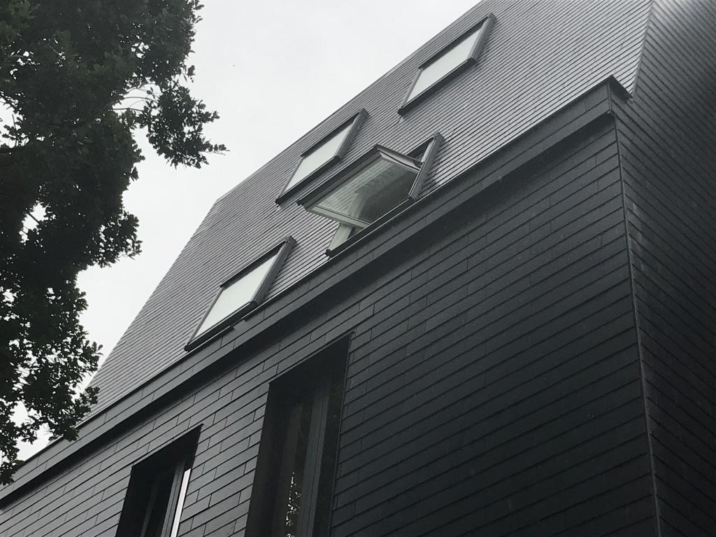 Nowoczesny dom z ciemną elewacją z desek i dachem z oknami połaciowymi, jedno okno otwarte. Ujęcie z dołu, widoczne drzewo w rogu.