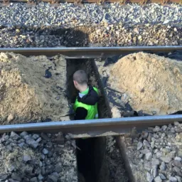 Pracownik w wykopie między torami kolejowymi w kamizelce odblaskowej, widok z góry, piasek i żwir wokół wykopu.