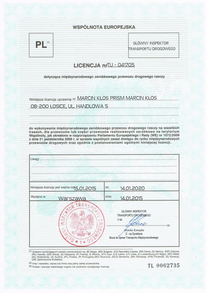 Skan licencji na międzynarodowy zarobkowy przewóz drogowy rzeczy, wydanej w Warszawie, z datą ważności do 14.01.2020, zawierający dane firmy i pieczęć Głównego Inspektoratu Transportu Drogowego.