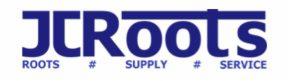 Logo firmy JCRoots z Wrześni, w kolorze niebieskim, z hasłami: Roots, Supply, Service. Tekst na białym tle.