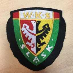 Haftowana naszywka z herbem WKS Śląsk Wrocław, widoczne detale haftu i kolorystyka klubowa.