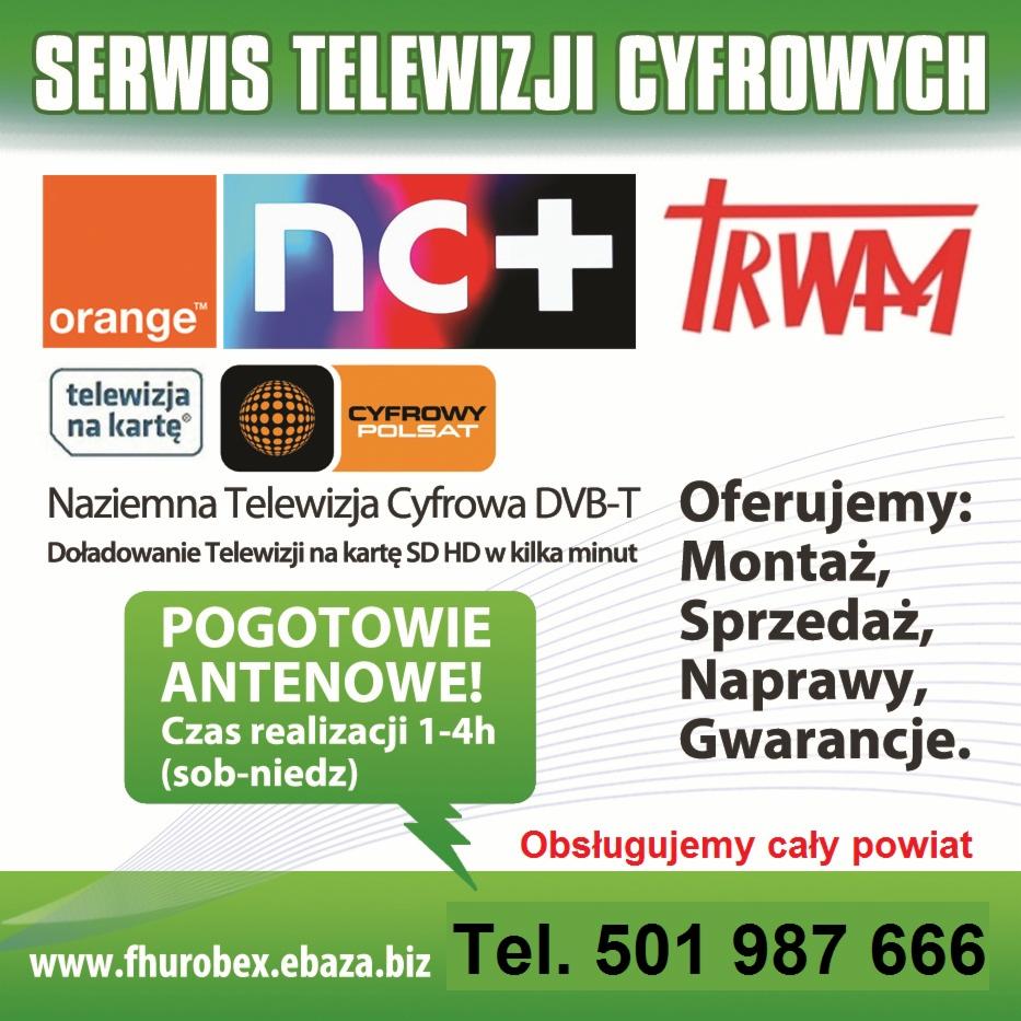 Ogłoszenie serwisu telewizji cyfrowych oferującego montaż anten, sprzedaż, naprawy i gwarancje, z logotypami Orange, nc+, TRWM i Cyfrowy Polsat.