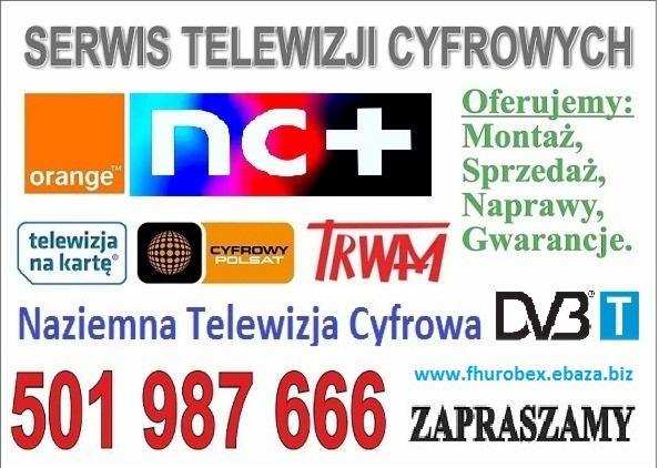 Ogłoszenie firmy oferującej serwis telewizji cyfrowych, montaż anten, sprzedaż i naprawę sprzętu RTV z logotypami Orange, NC+, Cyfrowy Polsat, TRWM, telewizja na kartę i DVB-T oraz numerem telefonu.