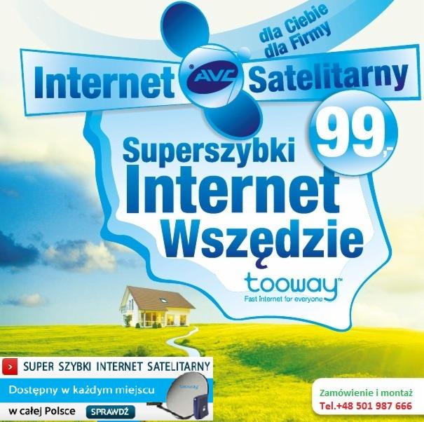 Reklama internetu satelitarnego z domem na zielonym wzgórzu i anteną satelitarną w rogu, oferta superszybkiego internetu dostępnego wszędzie.