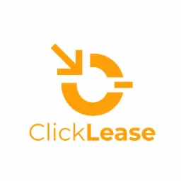 Żółte logo firmy ClickLease z abstrakcyjnym symbolem strzałki i półokręgu na białym tle.