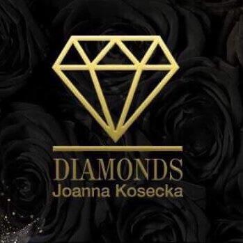 Złoty diament na tle czarnych róż, logo firmy Joanna Kosecka Diamonds.