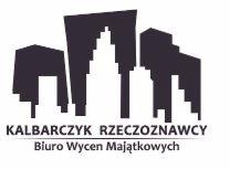 Logo firmy Kalbarczyk Rzeczoznawcy z sylwetką miasta i napisem 'Biuro Wycen Majątkowych' w czerni na białym tle.