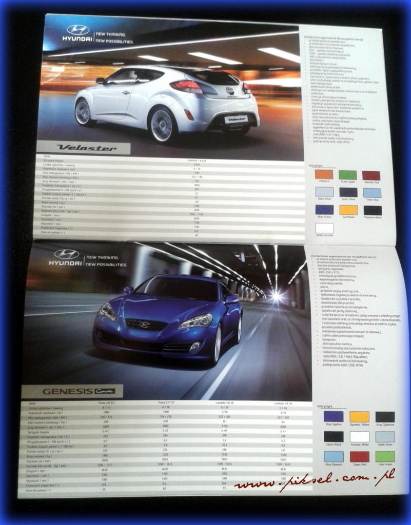 Katalog Hyundai prezentujący modele Veloster (biały) i Genesis (niebieski) wraz ze specyfikacjami technicznymi i paletą kolorów. Widoczny adres strony internetowej.