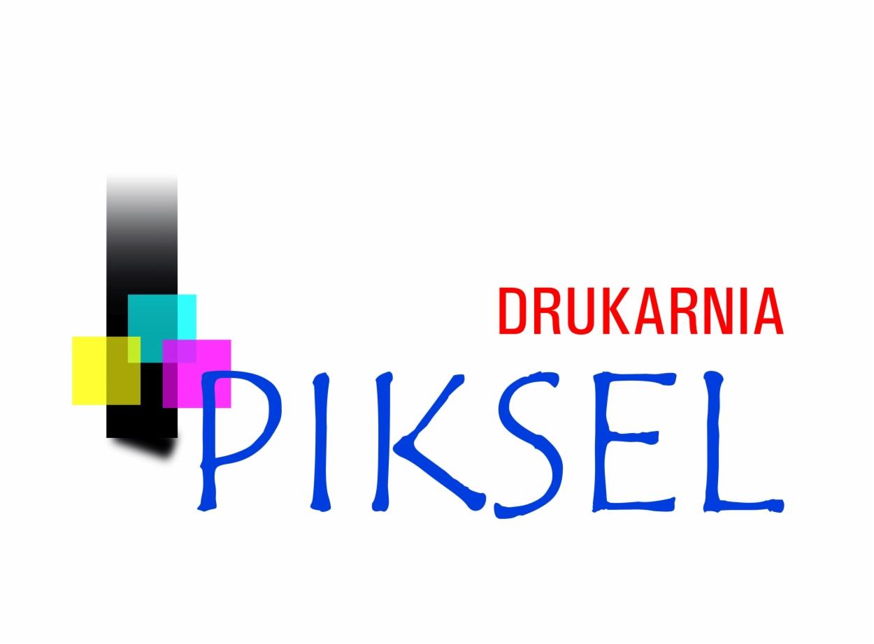 Logo drukarni 'Piksel' z kolorowymi kwadratami CMYK. Nazwa firmy w kolorze niebieskim, słowo 'Drukarnia' nad nią w kolorze czerwonym. Prosty, nowoczesny design.