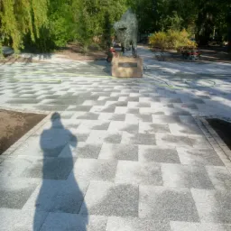 Świeżo ułożona, wilgotna nawierzchnia z szarych płyt granitowych w Hajnówce, wzór szachownicy, cień osoby fotografującej, w tle pomnik żubra i zieleń parku.