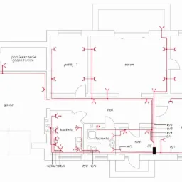 Projekt instalacji elektrycznej mieszkania: plan z rozmieszczeniem punktów oświetleniowych i gniazd w pokojach, kuchni, łazience, holu i garażu. Schemat z oznaczeniami.