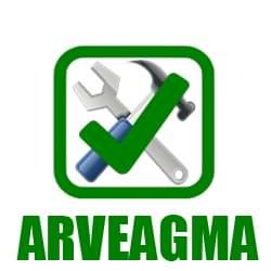 Logo firmy: zielony kwadrat z symbolem narzędzi (klucz, młotek) i zielonym ptaszkiem. Pod spodem zielony napis 'ARVEAGMA'.