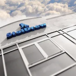 Błękitny napis 3D 'StolDrew' na elewacji budynku z oknami PCV, na tle błękitnego nieba z chmurami. Ujęcie z dołu, perspektywa zbieżna.