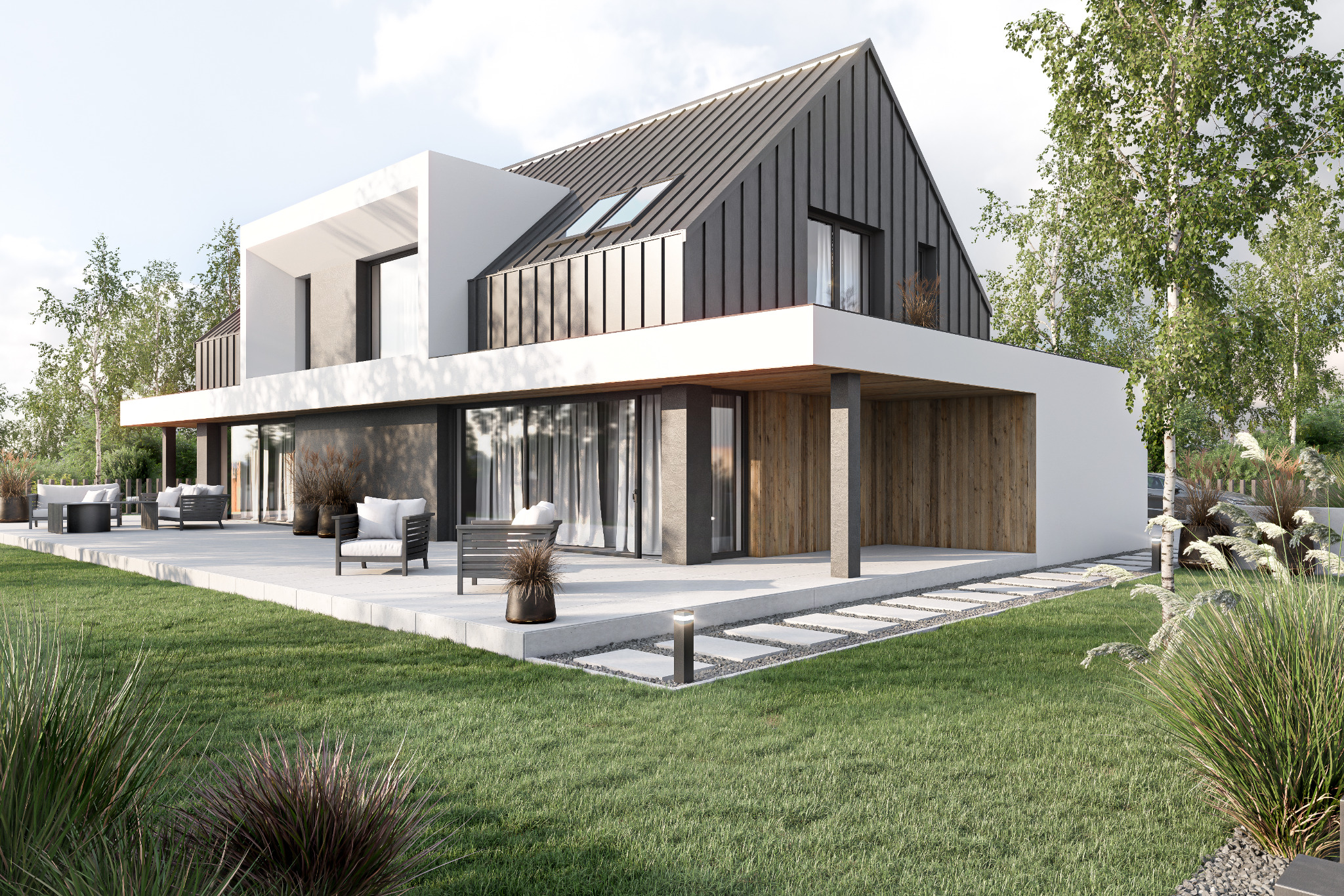 Nowoczesny dom z grafitowym dachem i białymi elementami, otoczony zielonym trawnikiem i drzewami. Widoczny taras z meblami ogrodowymi i oświetleniem.