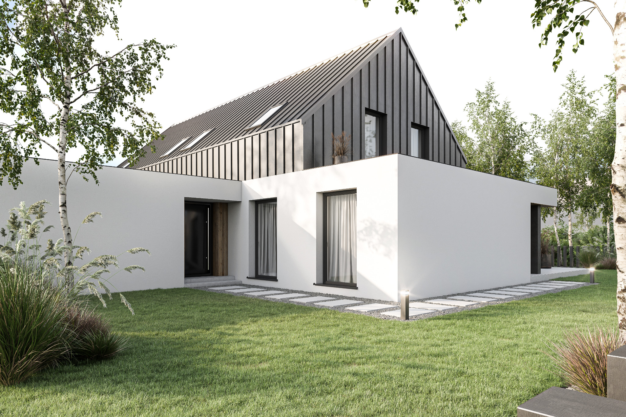 Nowoczesny dom z białymi ścianami i ciemnym, spadzistym dachem, otoczony zielonym trawnikiem i drzewami. Ścieżka z płyt prowadzi do wejścia.