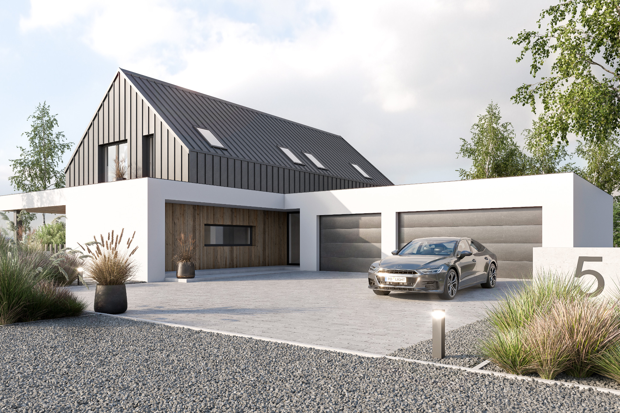 Nowoczesny dom jednorodzinny z garażem w Częstochowie. Minimalistyczna bryła, grafitowy dach, jasna elewacja, ozdobne trawy i auto przed posesją.
