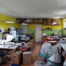 Wnętrze szwalni z kilkoma stanowiskami pracy wyposażonymi w maszyny do szycia; widoczne stosy materiałów, kartony i półprodukty, ściany pomalowane na żółto i zielono.