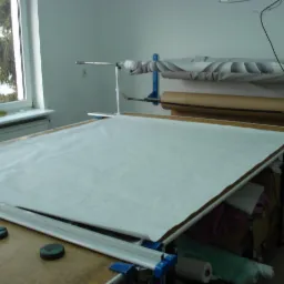 Duży stół krojczy z rozłożonym białym materiałem, wałki tkanin w tle. Widoczne narzędzia krawieckie i fragment okna z widokiem na zewnątrz. Szwalnia.