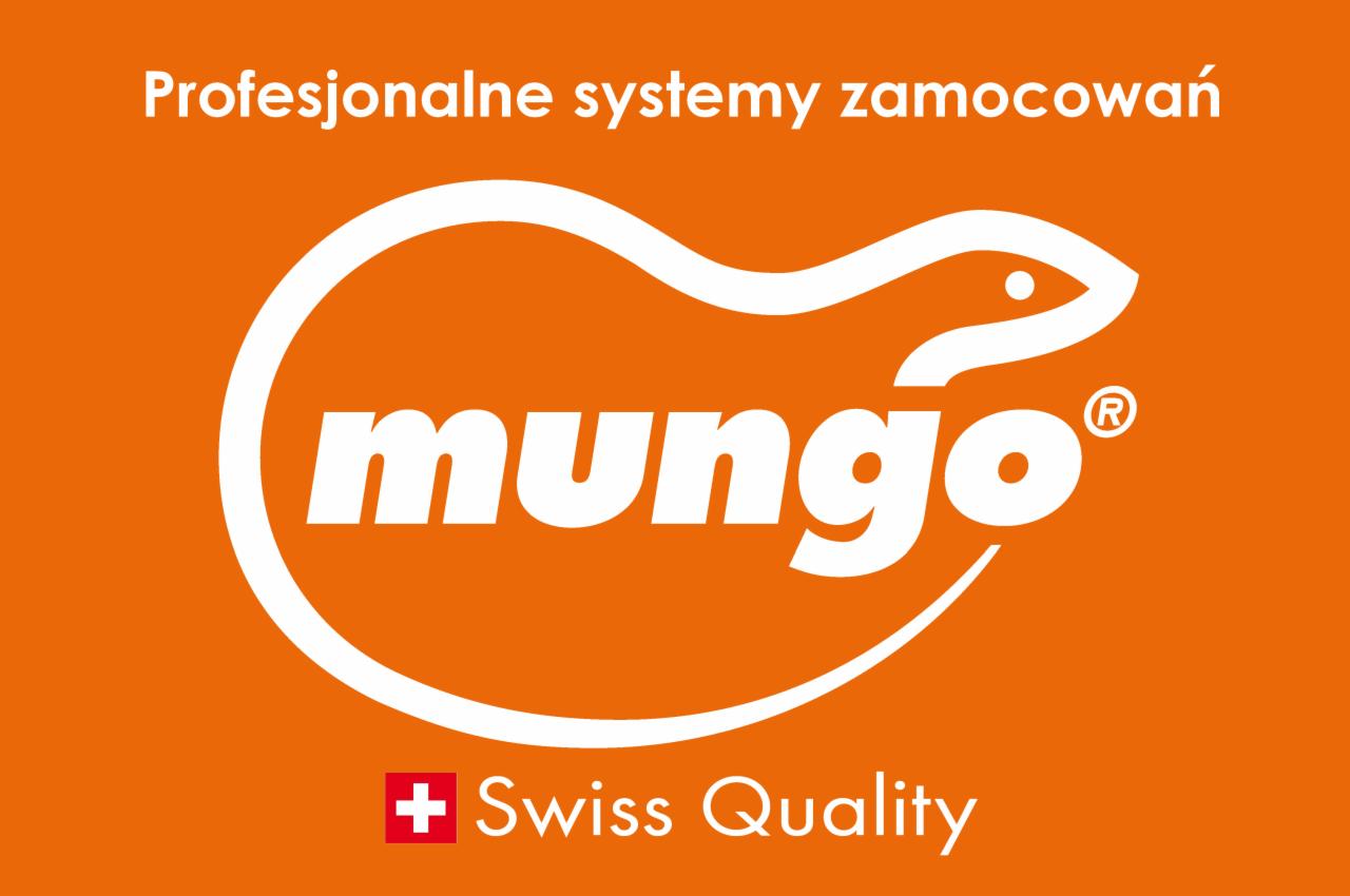 Logo firmy Mungo na pomarańczowym tle, z napisem 'Profesjonalne systemy zamocowań' u góry i '+ Swiss Quality' na dole.