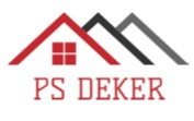 Logo firmy dekarskiej PS DEKER z trzema stylizowanymi dachami w kolorach czerwonym, czarnym i szarym oraz oknem w dachu czerwonym.