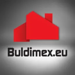 Logo firmy budowlanej Buldimex.eu: czerwona ikona domu nad nazwą, na szarym tle z efektem świetlnym.