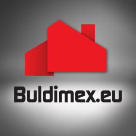 Logo firmy budowlanej Buldimex.eu: czerwona ikona domu nad nazwą, na szarym tle z efektem świetlnym.