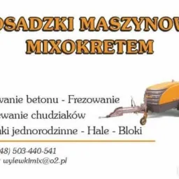 Reklama firmy oferującej posadzki maszynowe z użyciem mixokreta, w tle widoczna maszyna do wylewania posadzek.