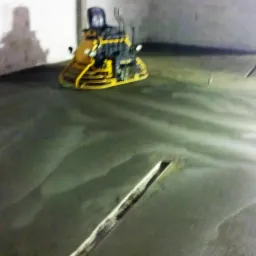 Zacieranie posadzki jastrychowej w Koneck. Żółta zacieraczka mechaniczna w trakcie pracy na świeżo wylanej powierzchni. Widoczny fragment dylatacji.