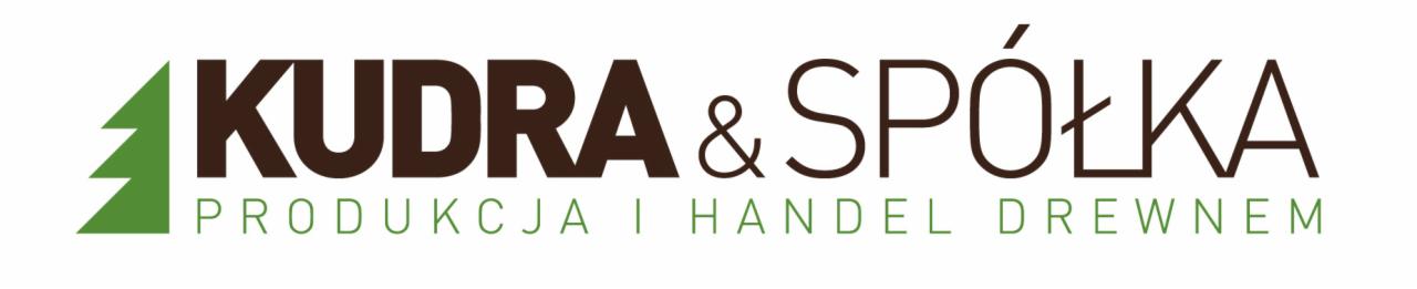 Logo firmy Kudra & Spółka z zielonym symbolem drzewa i brązowym napisem 'Produkcja i handel drewnem' na białym tle.