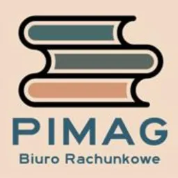 Logo biura rachunkowego PIMAG przedstawiające trzy stylizowane książki w kolorach szarym, beżowym i turkusowym na beżowym tle.