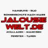 Grafika z czerwonym napisem Jalousie Welt.de, informująca o roletach, markizach, oknach i drzwiach. Logo firmy z Hamburgu.