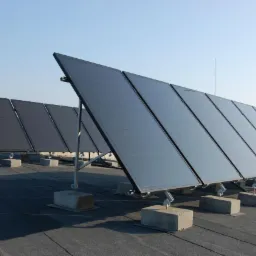 Rząd paneli fotowoltaicznych zamontowanych na płaskim dachu z papy, ustawionych na betonowych podstawach, z lasem i budynkami w tle, w słoneczny dzień.