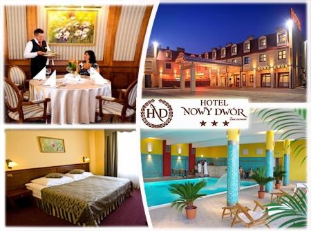 Kompozycja zdjęć przedstawiająca hotel: restauracja z obsługą kelnerską, widok budynku z zewnątrz nocą, pokój hotelowy z łóżkiem małżeńskim oraz basen z palmami i leżakami.