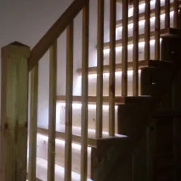 Drewniane schody z podświetleniem LED umieszczonym pod każdym stopniem, widoczne barierki i słupki z surowego drewna.