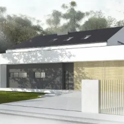 Wizualizacja nowoczesnego domu jednorodzinnego z płaskim dachem i elementami drewnianymi elewacji, otoczonego drzewami i ogrodzeniem z pionowych listew.