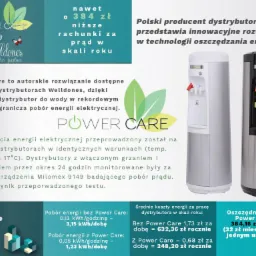 Dystrybutory wody Wellodnes Power Care: biały i srebrny, prezentacja oszczędności energii. Grafika informacyjna z logo i danymi o zużyciu prądu.