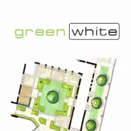 Ręcznie rysowany plan zagospodarowania terenu z centralnym dziedzińcem, otoczonym budynkami, z nasadzeniami i logo firmy 'green white' w górnej części.