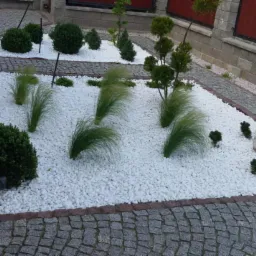 Ogród z białymi kamieniami, ozdobnymi krzewami i trawami, oświetlony lampami punktowymi, obrzeża wykończone kostką brukową.