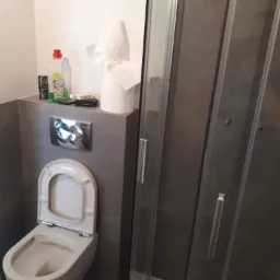 Toaleta wisząca z otwartą klapą, obok kabina prysznicowa z szarymi profilami, na zabudowie toalety środki czystości i papier toaletowy.