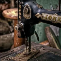 Antyczna maszyna do szycia marki Jones z dekoracyjnymi elementami, igła w trakcie pracy z beżową tkaniną, obok leży stary klucz.